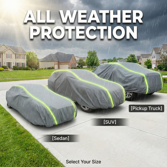 Waterproof Car Cover All Weather Heavy Duty Outdoor Protection - Sun Rain Snow UV Resistant - Soft Inner Lining, Windproof Straps, Reflective Strips & Anti-Theft Lock - Universal Fit for Sedan / SUV / Pickup Truck