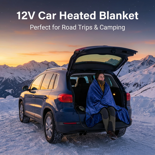 12V Car Heated Blanket with Smart Timer & 3 Heat Settings - Reversible Navy Blue & Dark Grey Electric Flannel Throw - Washable, 72" Long Cord, 55"x39" Large Size for Winter Travel, SUV, RV