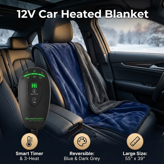 12V Car Heated Blanket with Smart Timer & 3 Heat Settings - Reversible Navy Blue & Dark Grey Electric Flannel Throw - Washable, 72" Long Cord, 55"x39" Large Size for Winter Travel, SUV, RV