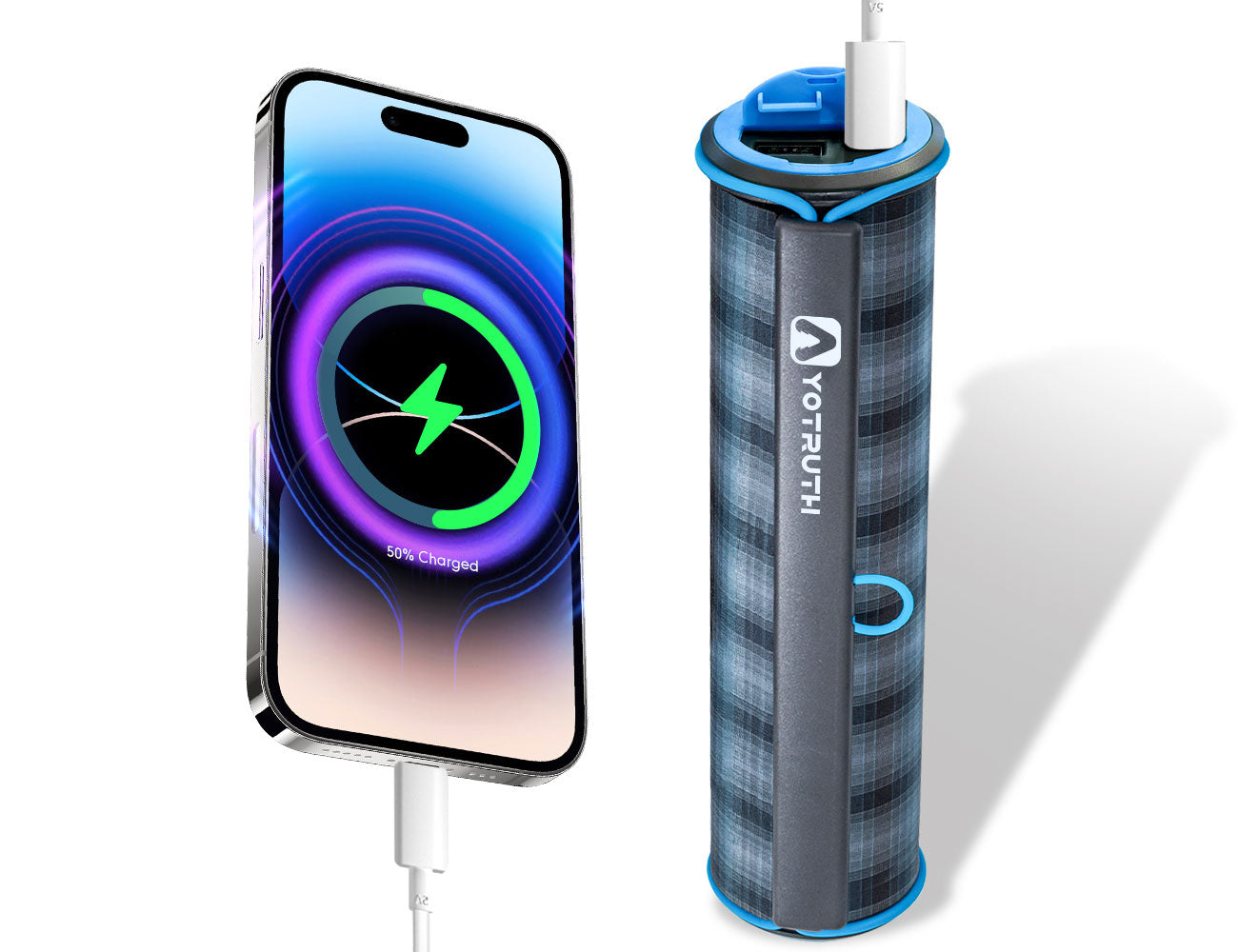 Poster of Yotruth XR-10 solar charger charging a phone, with the phone battery indicator showing 50%