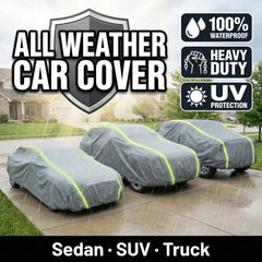 Waterproof Car Cover All Weather Heavy Duty Outdoor Protection - Sun Rain Snow UV Resistant - Soft Inner Lining, Windproof Straps, Reflective Strips & Anti-Theft Lock - Universal Fit for Sedan / SUV / Pickup Truck