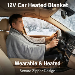 12V Car Heated Blanket & Wearable Shawl – Electric Fleece Travel Throw with Zipper for Truck Drivers, RV & Winter Road Trips – Fast Heating, Soft Flannel