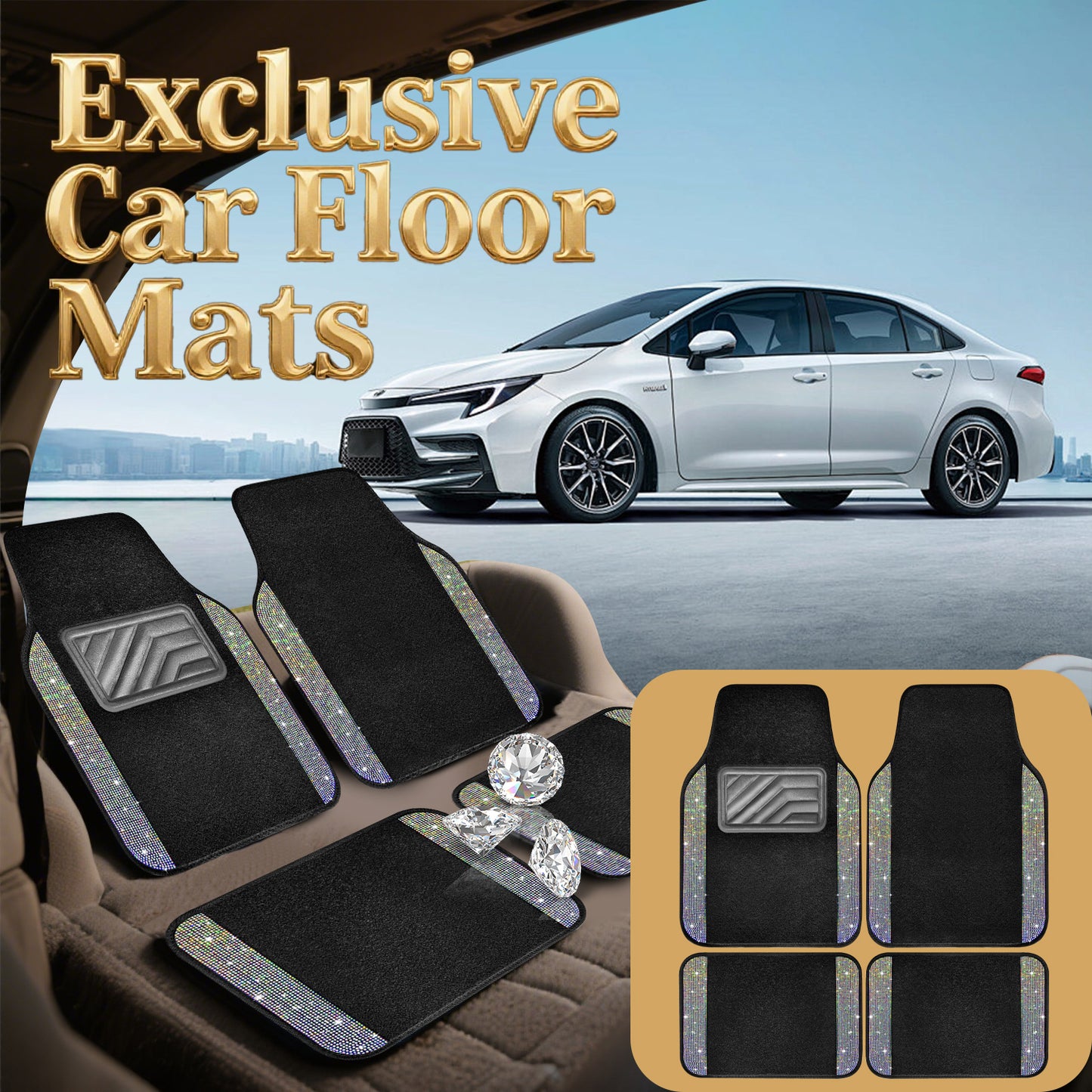 Crystal Rhinestone Car Floor Mats Sparkling Durable Waterproof Non-Slip Auto Foot Pads, Fashionable Car Interior Flooring & Carpeting, 4-Piece Set for Women