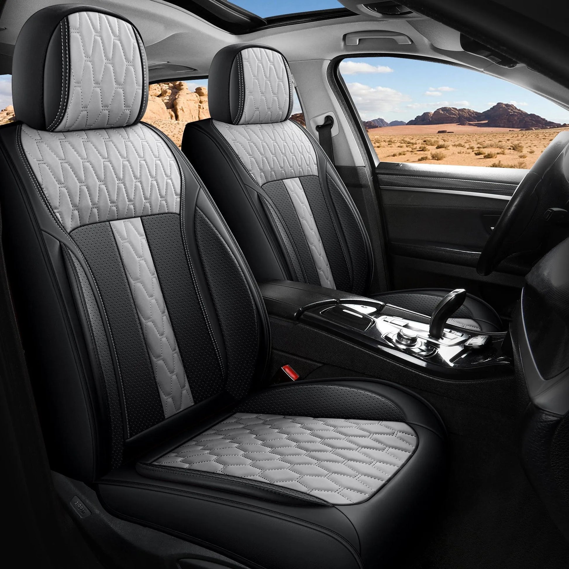 Yotruth Universal Car Seat Covers Full Set | Faux Leather Automotive Seat Covers | Fits Most Cars Yotruth Universal Car Seat Covers Full Set | Faux Leather Automotive Seat Covers | Fits Most Cars - Black & Grey / Front Seats - YOTRUTH