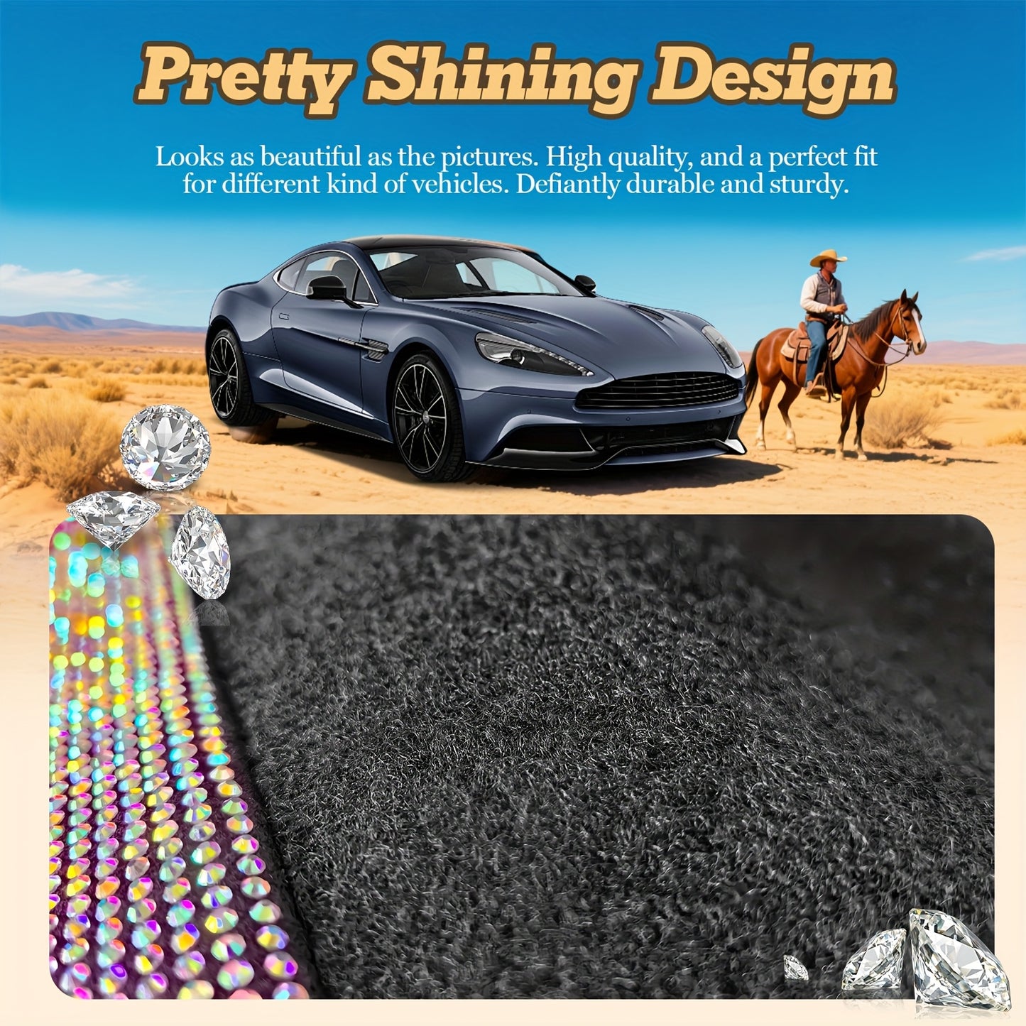 Crystal Rhinestone Car Floor Mats Sparkling Durable Waterproof Non-Slip Auto Foot Pads, Fashionable Car Interior Flooring & Carpeting, 4-Piece Set for Women