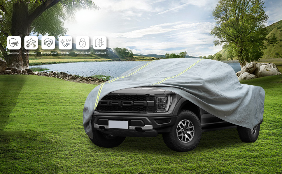 Car Cover Fit Full Size Truck Length Up to 233 Inches, Waterproof All Weather Hail Thickened Full Exterior Car Cover for Automobiles UV Protection & Windproof Vehicle Cover with Anti-Theft Rope, Truck
