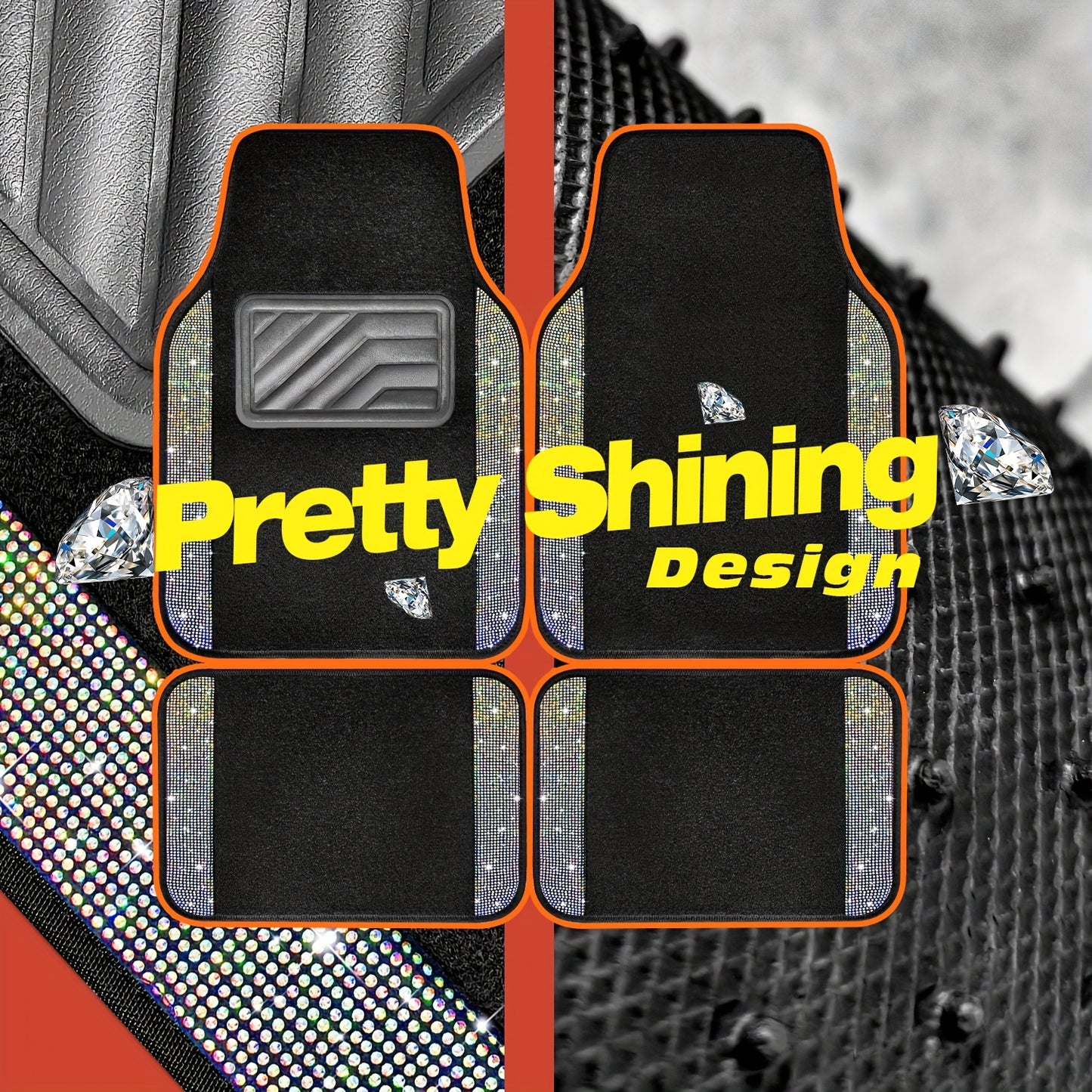 Crystal Rhinestone Car Floor Mats Sparkling Durable Waterproof Non-Slip Auto Foot Pads, Fashionable Car Interior Flooring & Carpeting, 4-Piece Set for Women