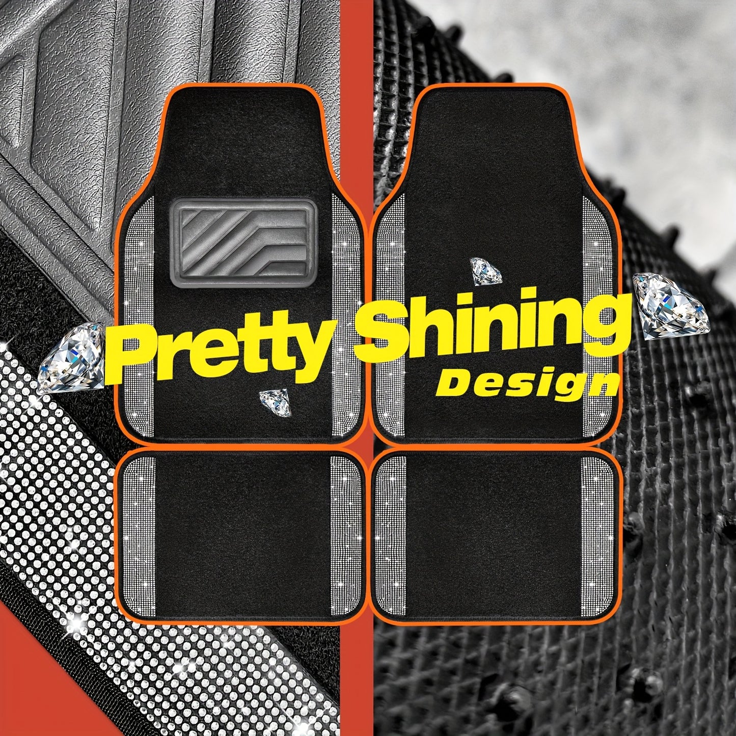Crystal Rhinestone Car Floor Mats Sparkling Durable Waterproof Non-Slip Auto Foot Pads, Fashionable Car Interior Flooring & Carpeting, 4-Piece Set for Women