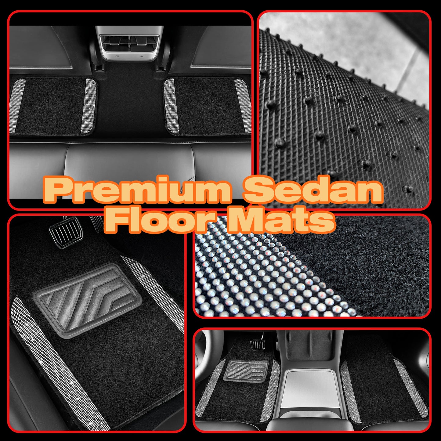 Crystal Rhinestone Car Floor Mats Sparkling Durable Waterproof Non-Slip Auto Foot Pads, Fashionable Car Interior Flooring & Carpeting, 4-Piece Set for Women