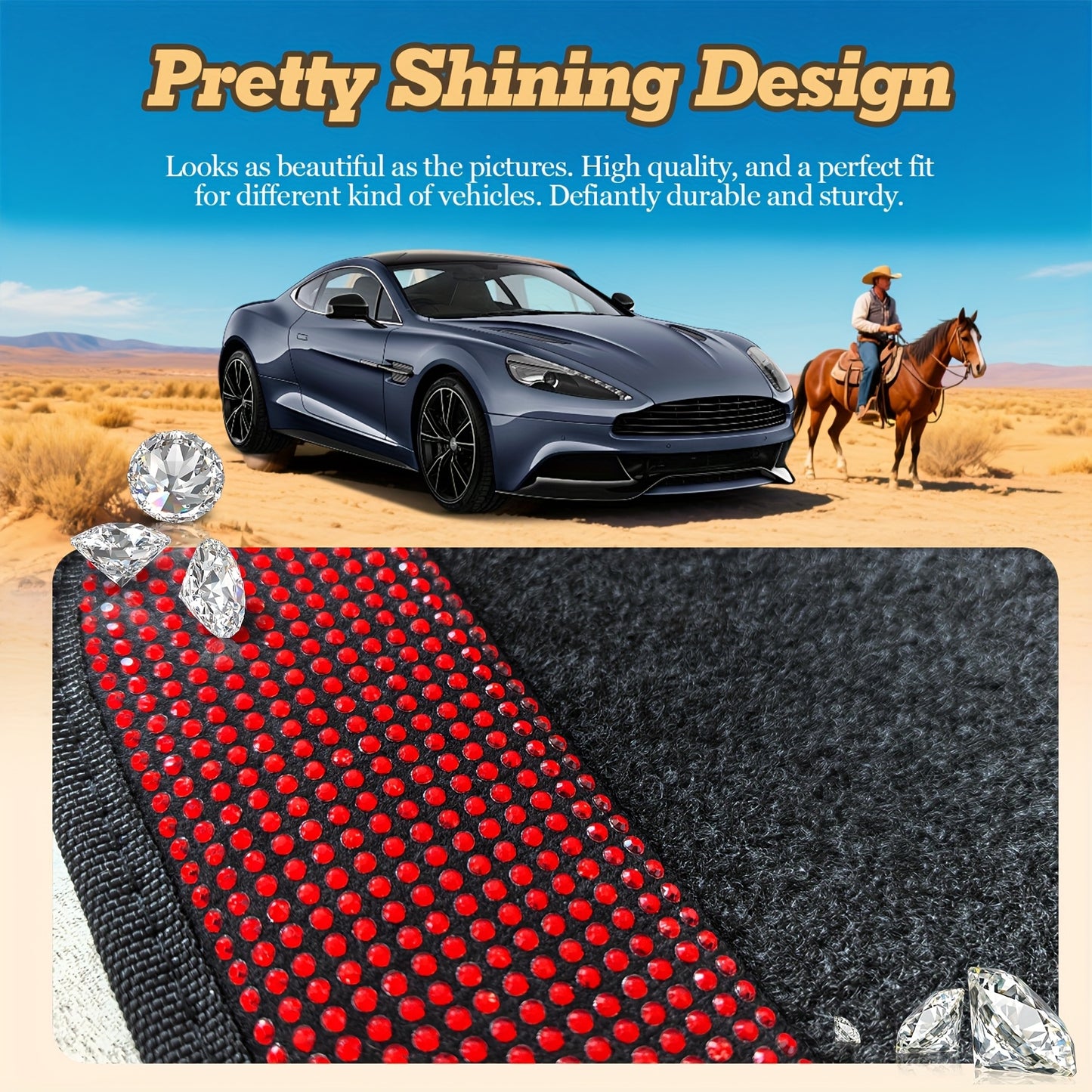 Crystal Rhinestone Car Floor Mats Sparkling Durable Waterproof Non-Slip Auto Foot Pads, Fashionable Car Interior Flooring & Carpeting, 4-Piece Set for Women