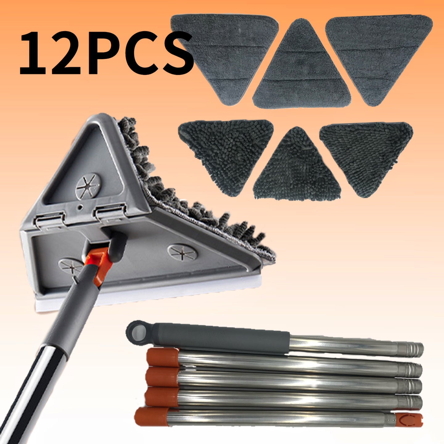 Rotating Triangle Household Mop| Suitable for Wet and Dry Use, Comes with 6 Mop Cloths| Easy to Clean Floors, Ceilings, Walls, and Glass, Cleaning Supplies and Tools Extendable to 5 Sections - No Bending, No Climbing Walls Needed