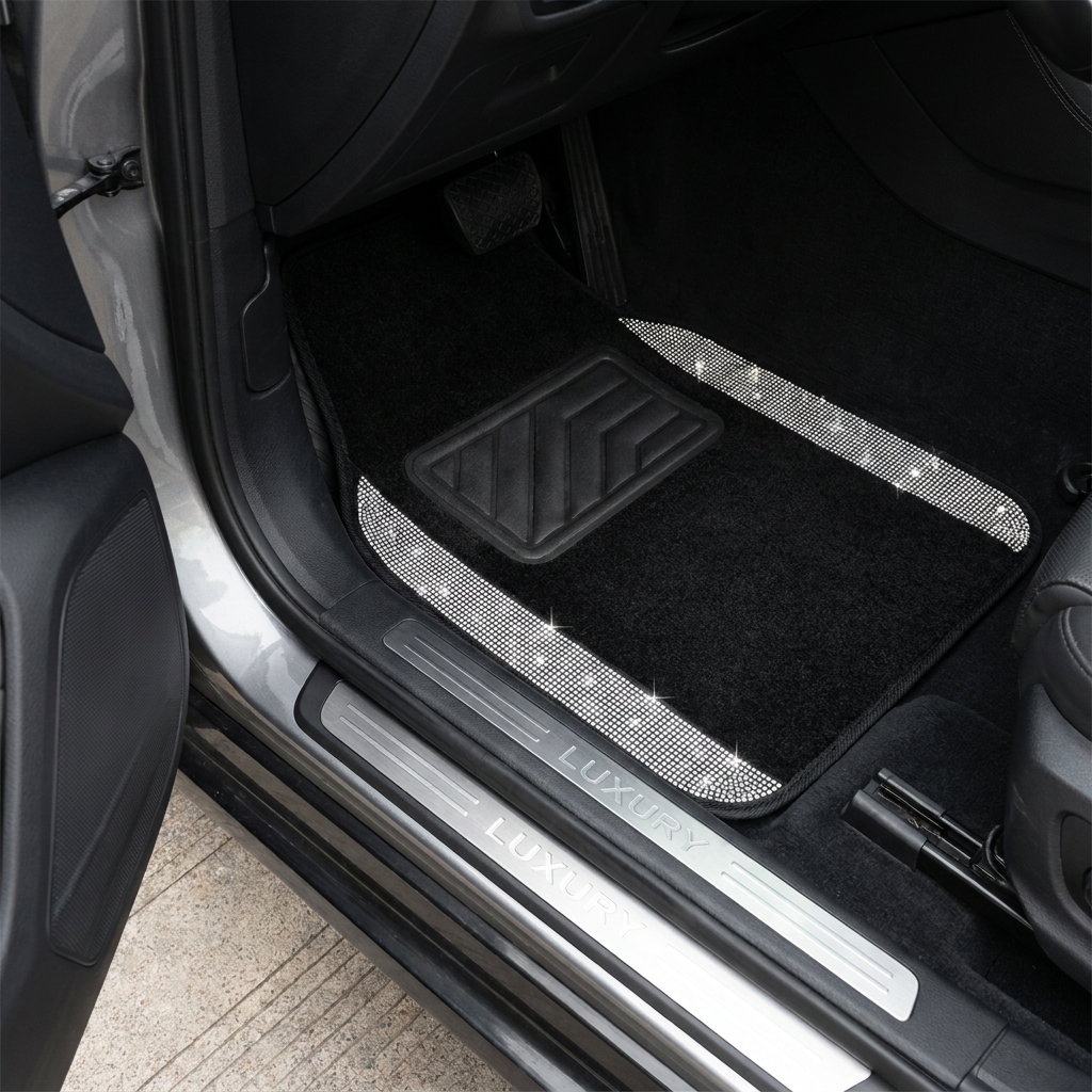 YOTRUTH Crystal Rhinestone Car Floor Mats (4 Pcs) - Luxury Bling Universal Auto Carpets for Women