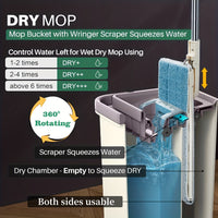No-Bend Mop Bucket Set with 360° Rotating Spinning Drain System & Double-Sided Mop - Heavy-Duty Plastic / with 2 Washable Microfiber Cloths for Bathroom,, Floors - Hands-Free Mopping System for Use