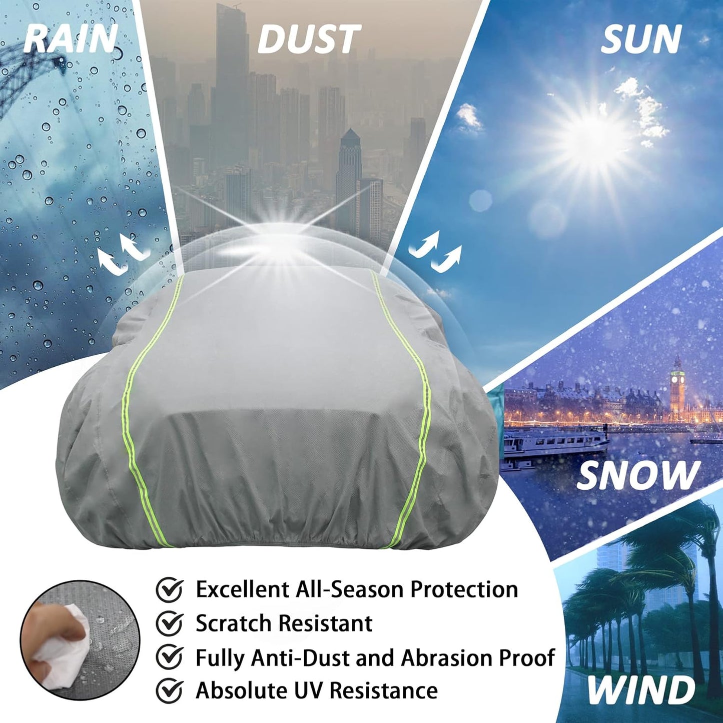 Car Cover Fit Full Size Truck Length Up to 233 Inches, Waterproof All Weather Hail Thickened Full Exterior Car Cover for Automobiles UV Protection & Windproof Vehicle Cover with Anti-Theft Rope, Truck