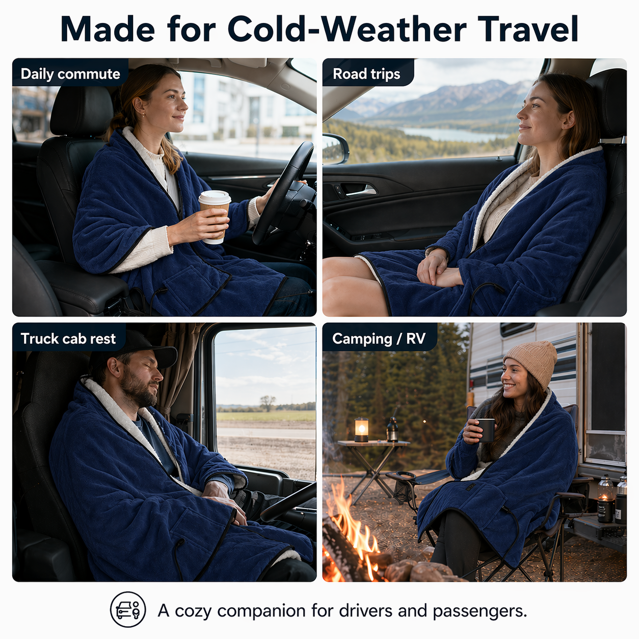 12V Car Heated Blanket & Wearable Shawl – Electric Fleece Travel Throw with Zipper for Truck Drivers, RV & Winter Road Trips – Fast Heating, Soft Flannel