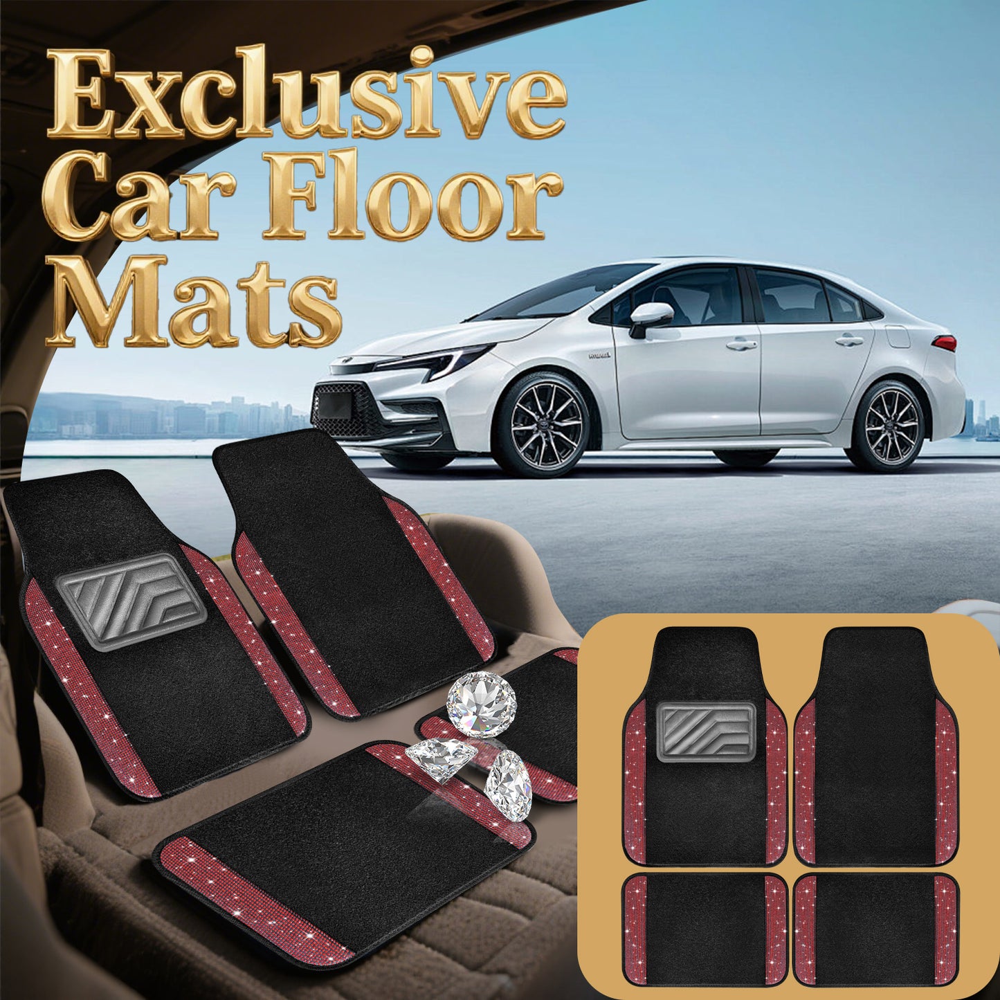 Crystal Rhinestone Car Floor Mats Sparkling Durable Waterproof Non-Slip Auto Foot Pads, Fashionable Car Interior Flooring & Carpeting, 4-Piece Set for Women