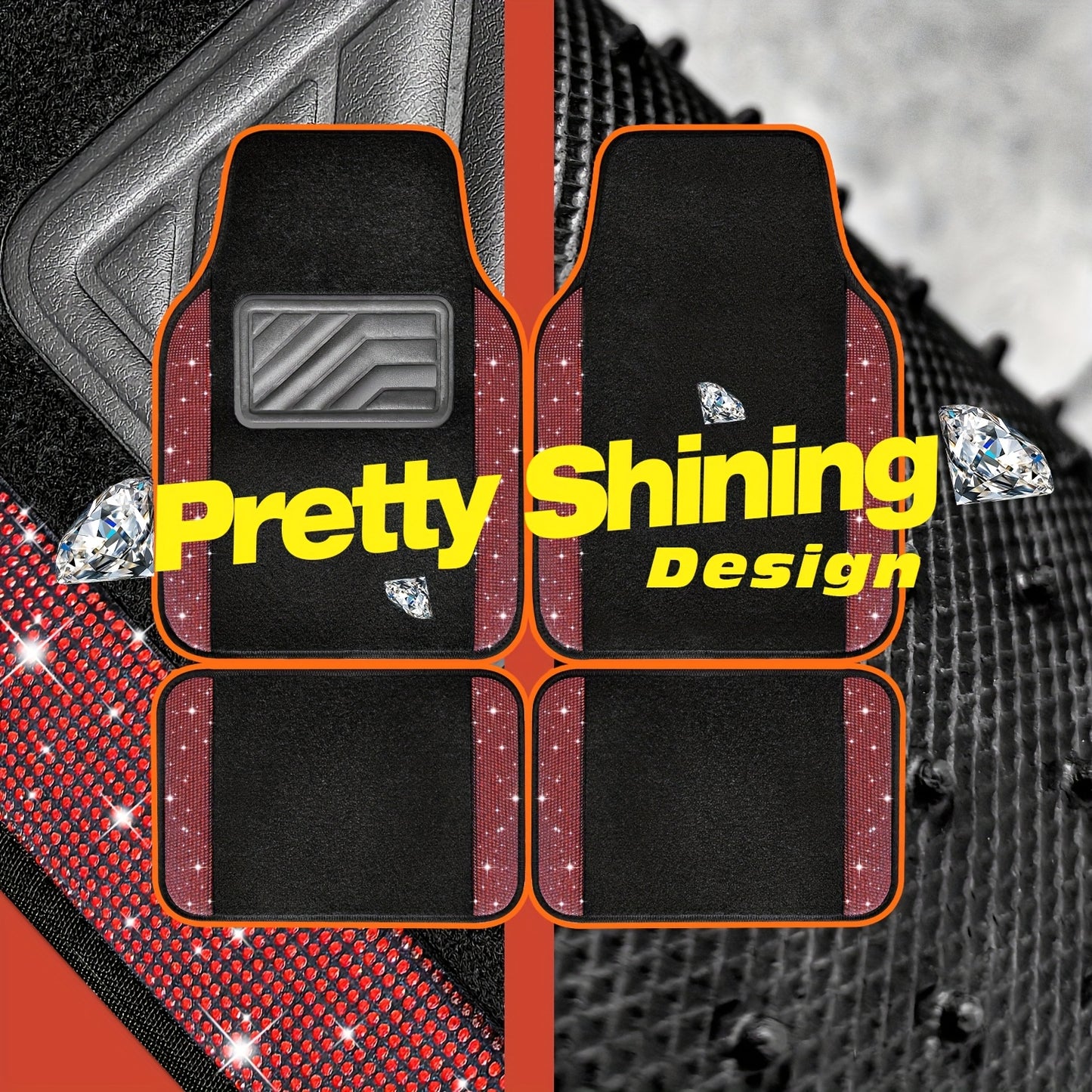 Crystal Rhinestone Car Floor Mats Sparkling Durable Waterproof Non-Slip Auto Foot Pads, Fashionable Car Interior Flooring & Carpeting, 4-Piece Set for Women